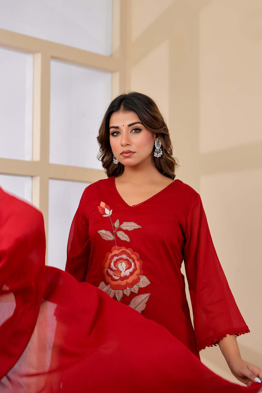 Maroon Fabric Mall Cotton Kurti Plazo Dupatta 3Pcs Set