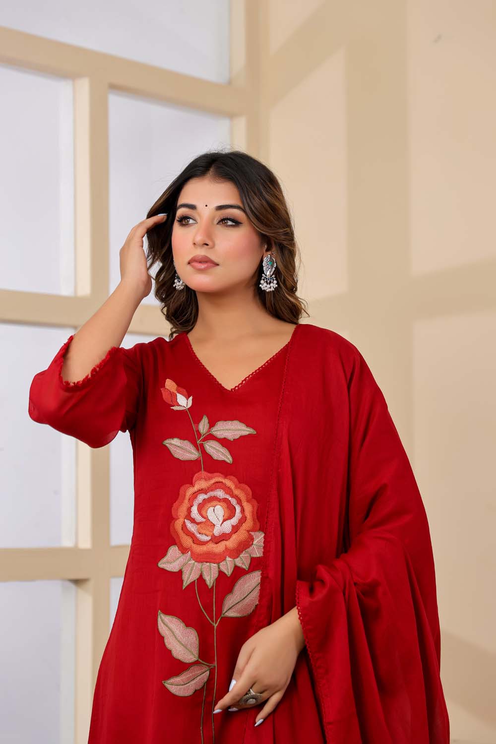 Maroon Fabric Mall Cotton Kurti Plazo Dupatta 3Pcs Set