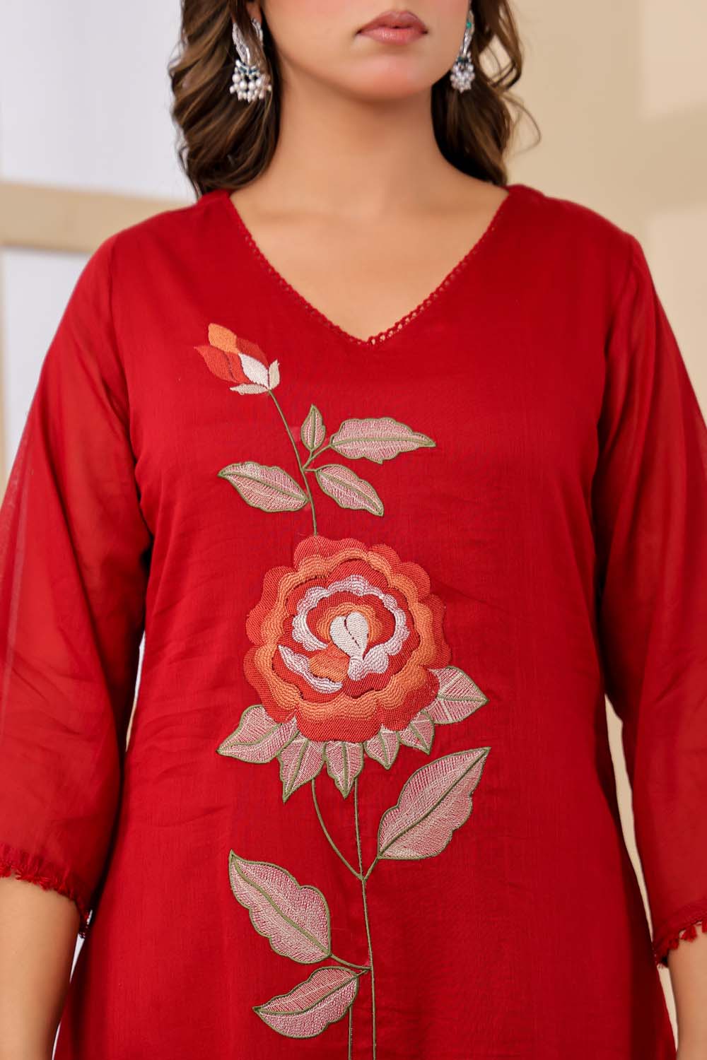 Maroon Fabric Mall Cotton Kurti Plazo Dupatta 3Pcs Set