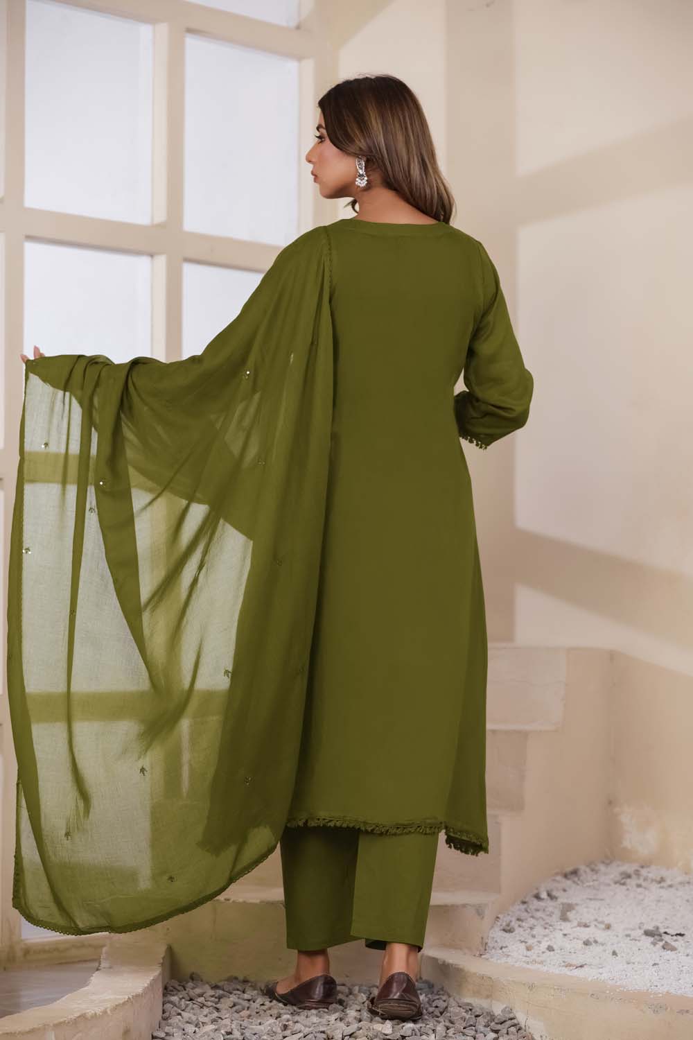Green Fabric Mall Cotton Kurti Plazo Dupatta 3Pcs Set