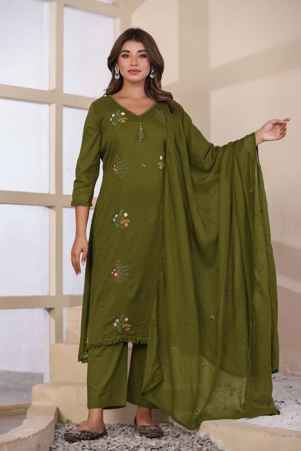 Green Fabric Mall Cotton Kurti Plazo Dupatta 3Pcs Set