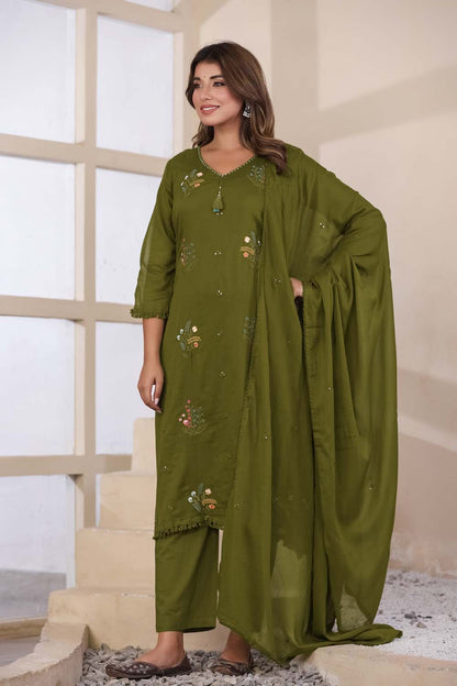 Green Fabric Mall Cotton Kurti Plazo Dupatta 3Pcs Set