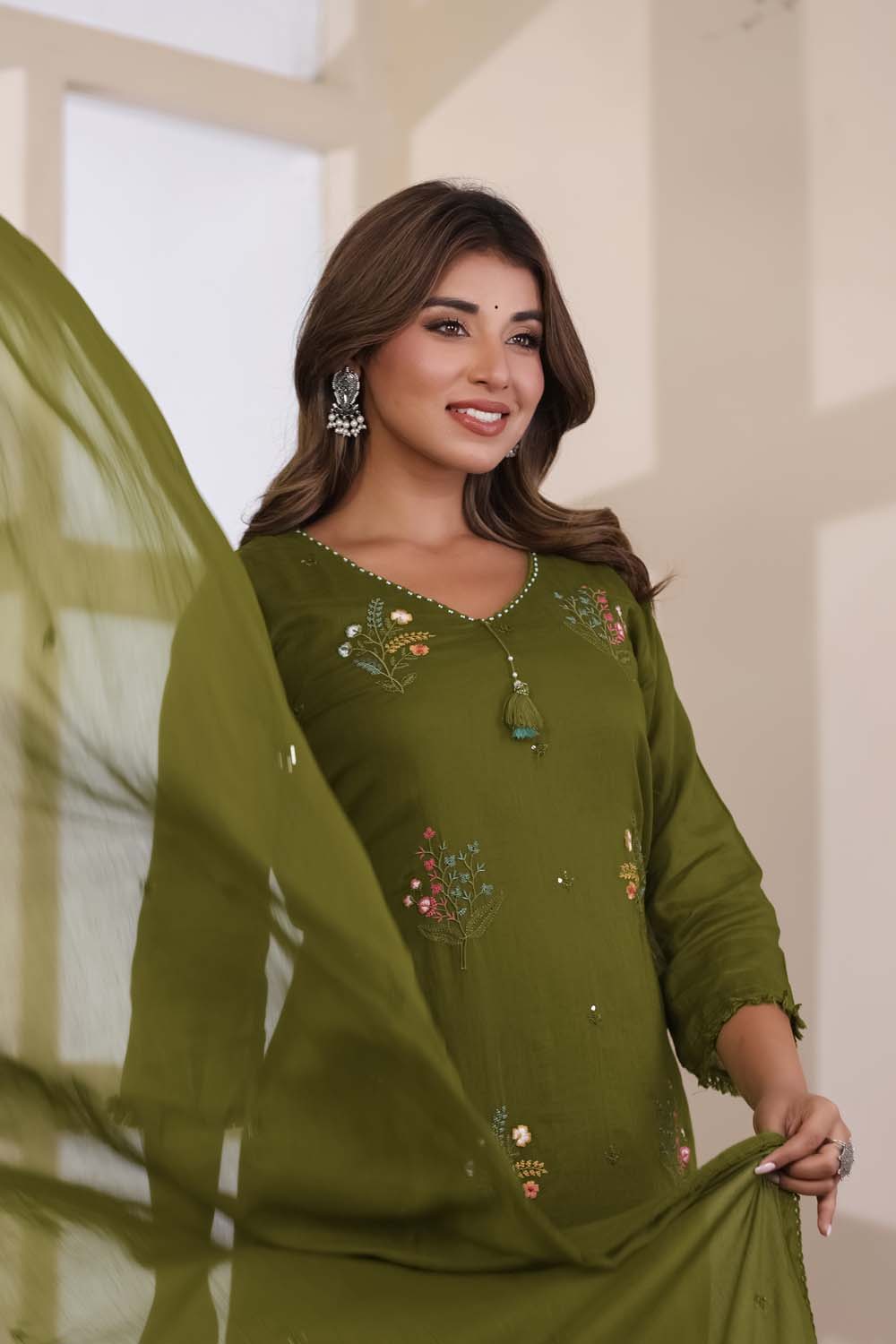 Green Fabric Mall Cotton Kurti Plazo Dupatta 3Pcs Set