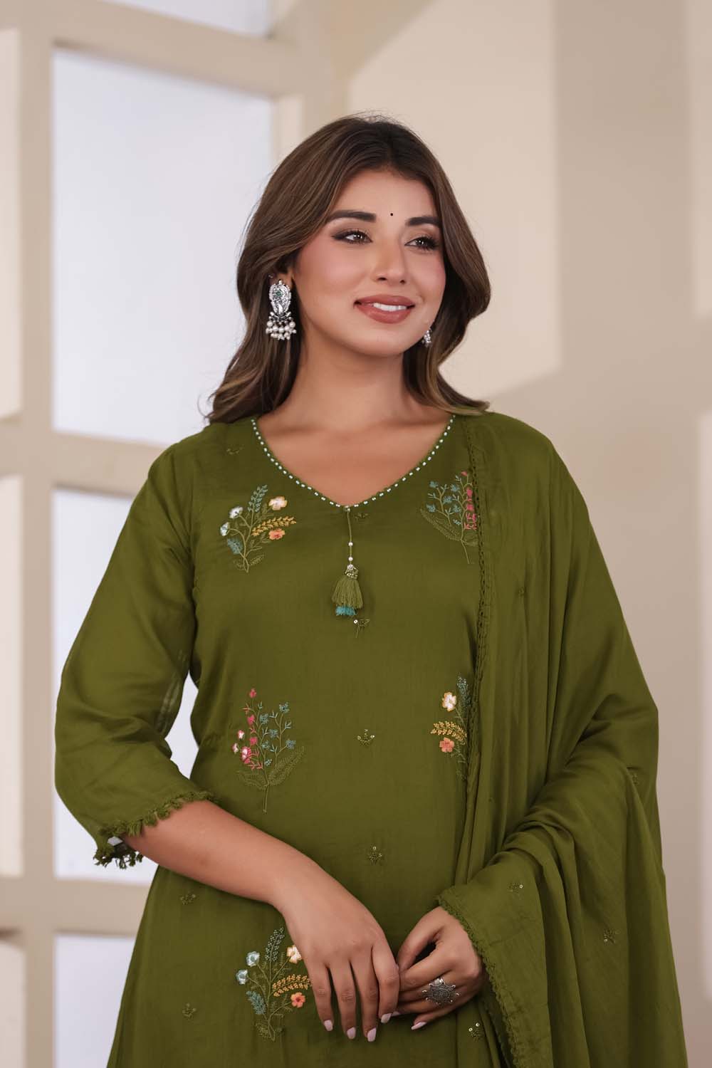 Green Fabric Mall Cotton Kurti Plazo Dupatta 3Pcs Set