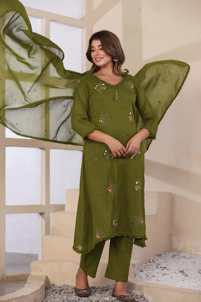 Green Fabric Mall Cotton Kurti Plazo Dupatta 3Pcs Set