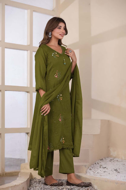 Green Fabric Mall Cotton Kurti Plazo Dupatta 3Pcs Set