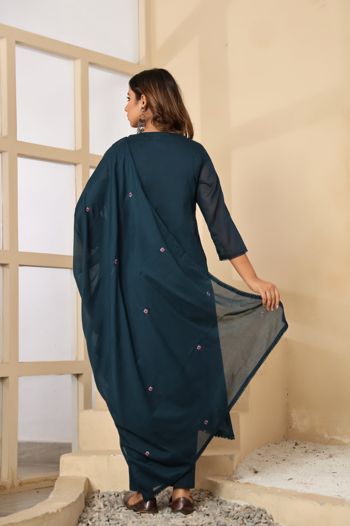 Till Blue Fabric Mall Cotton Kurti Pant Dupatta 3Pcs Set