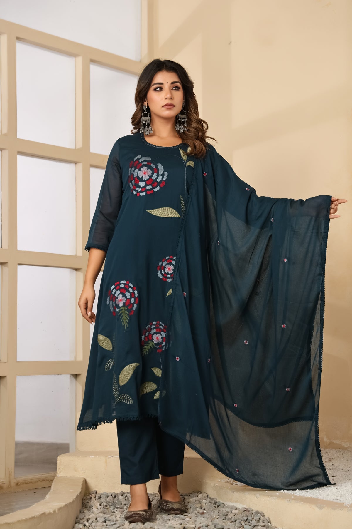 Till Blue Fabric Mall Cotton Kurti Pant Dupatta 3Pcs Set
