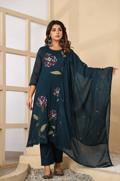Till Blue Fabric Mall Cotton Kurti Pant Dupatta 3Pcs Set