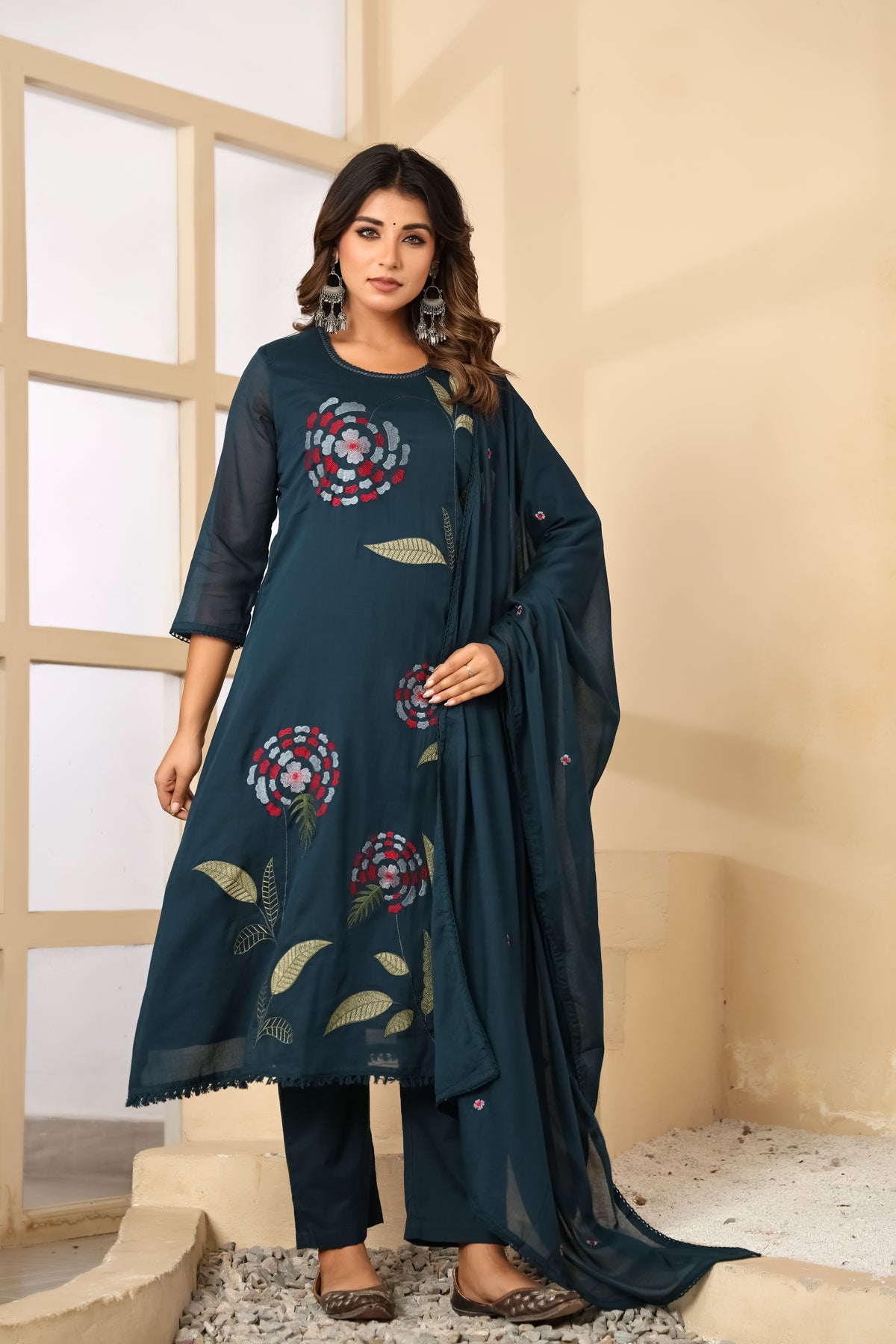Till Blue Fabric Mall Cotton Kurti Pant Dupatta 3Pcs Set
