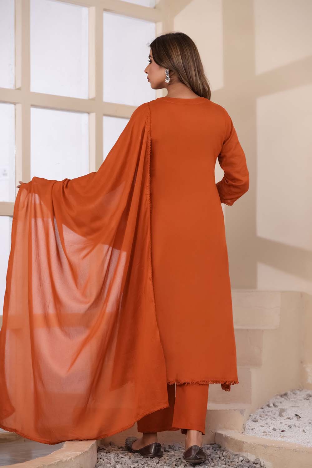Rust Fabric Mall Cotton Kurti Plazo Dupatta 3Pcs Set