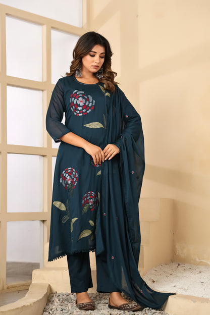 Till Blue Fabric Mall Cotton Kurti Pant Dupatta 3Pcs Set