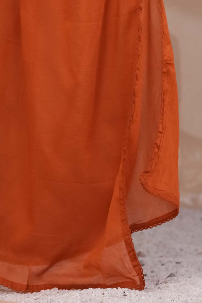 Rust Fabric Mall Cotton Kurti Plazo Dupatta 3Pcs Set