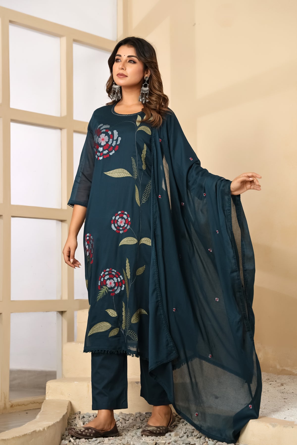Till Blue Fabric Mall Cotton Kurti Pant Dupatta 3Pcs Set