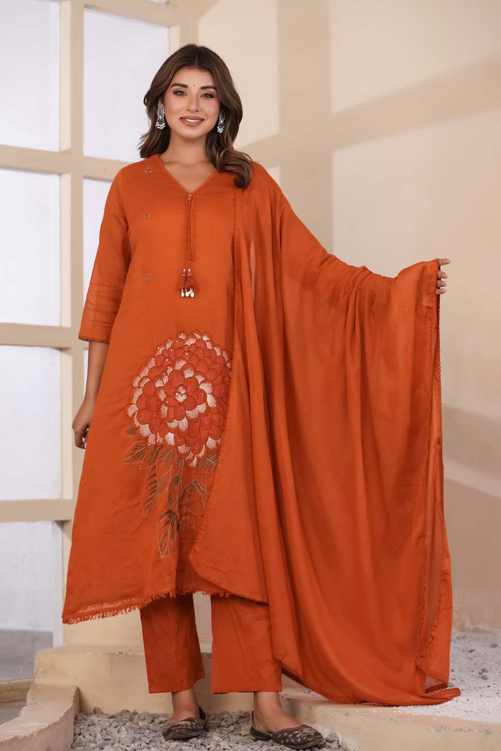 Rust Fabric Mall Cotton Kurti Plazo Dupatta 3Pcs Set
