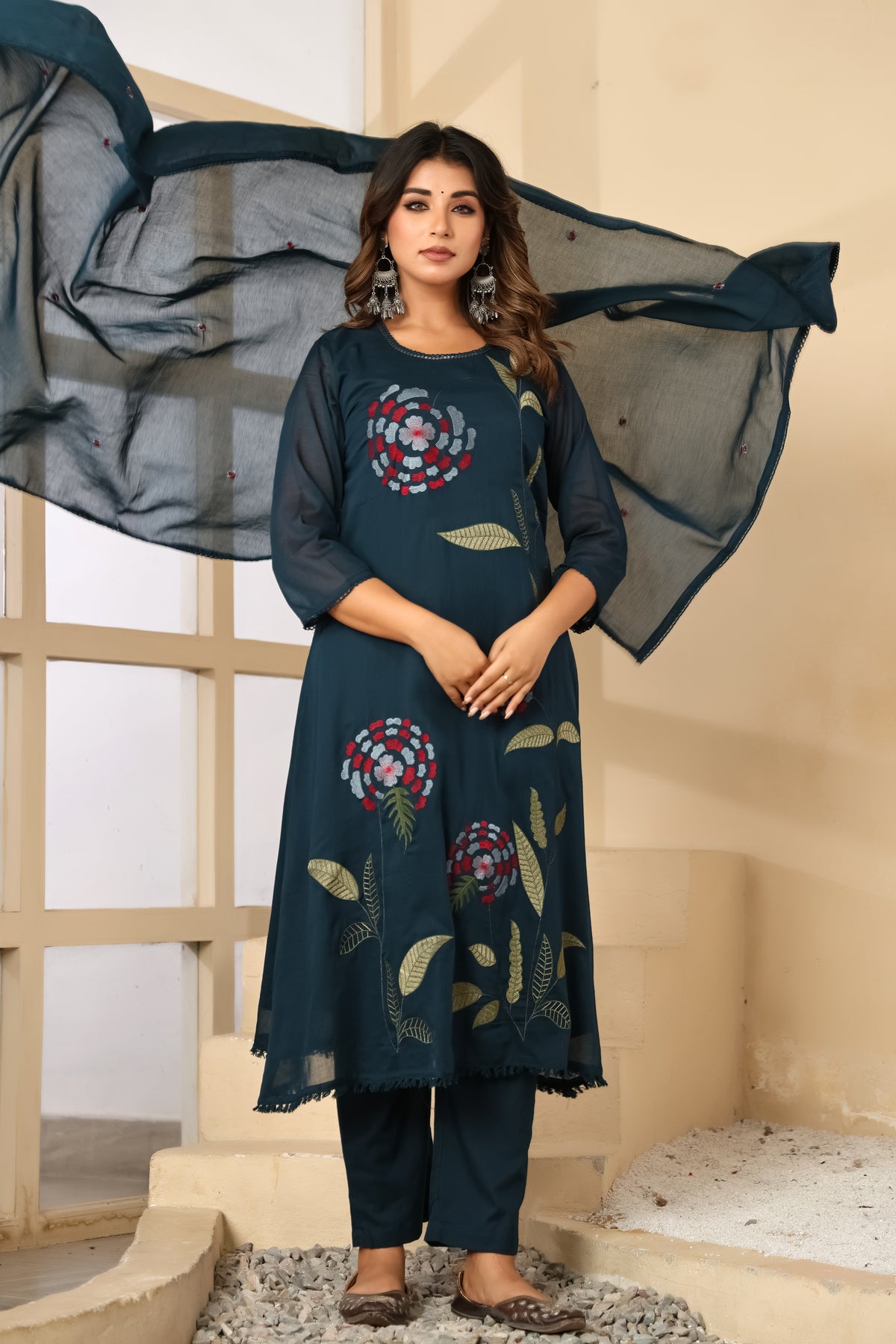 Till Blue Fabric Mall Cotton Kurti Pant Dupatta 3Pcs Set