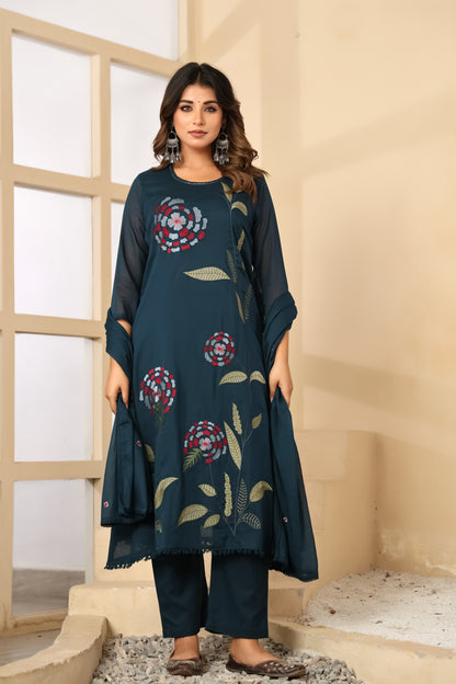 Till Blue Fabric Mall Cotton Kurti Pant Dupatta 3Pcs Set