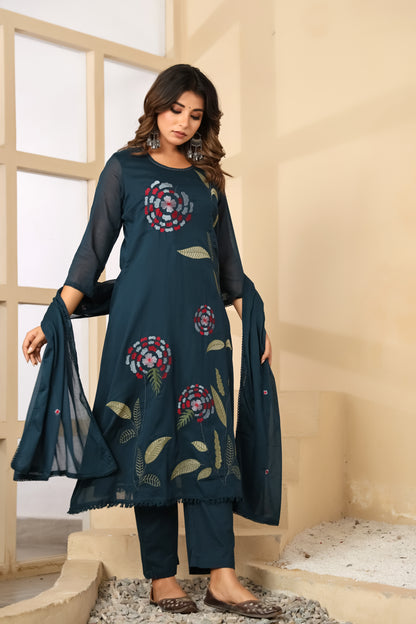 Till Blue Fabric Mall Cotton Kurti Pant Dupatta 3Pcs Set