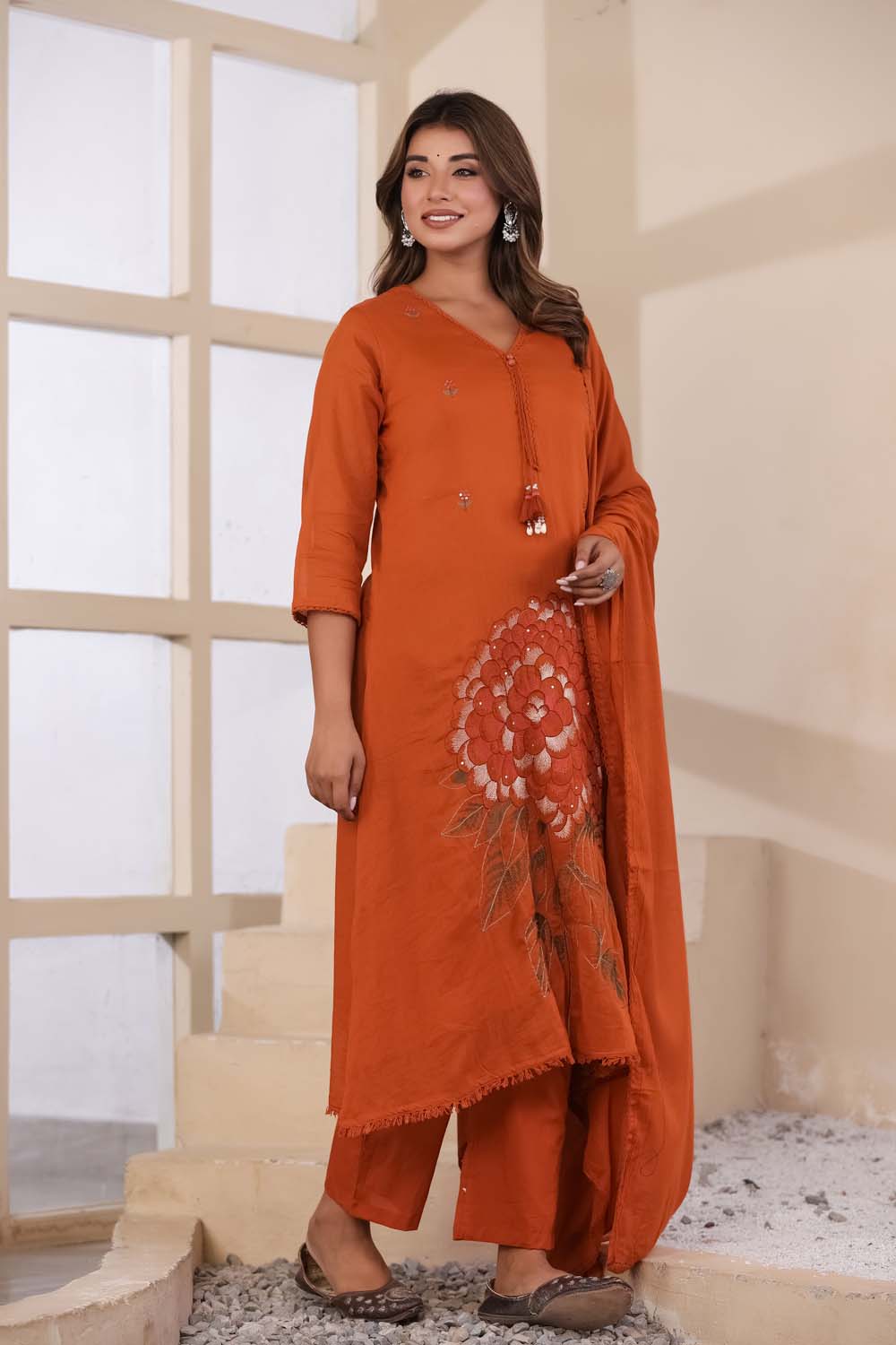 Rust Fabric Mall Cotton Kurti Plazo Dupatta 3Pcs Set