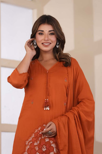 Rust Fabric Mall Cotton Kurti Plazo Dupatta 3Pcs Set