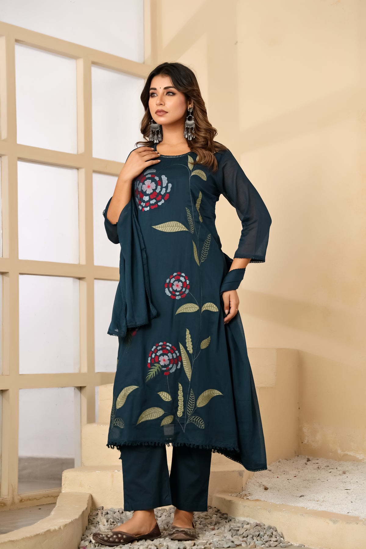 Till Blue Fabric Mall Cotton Kurti Pant Dupatta 3Pcs Set