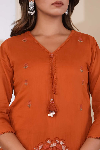 Rust Fabric Mall Cotton Kurti Plazo Dupatta 3Pcs Set