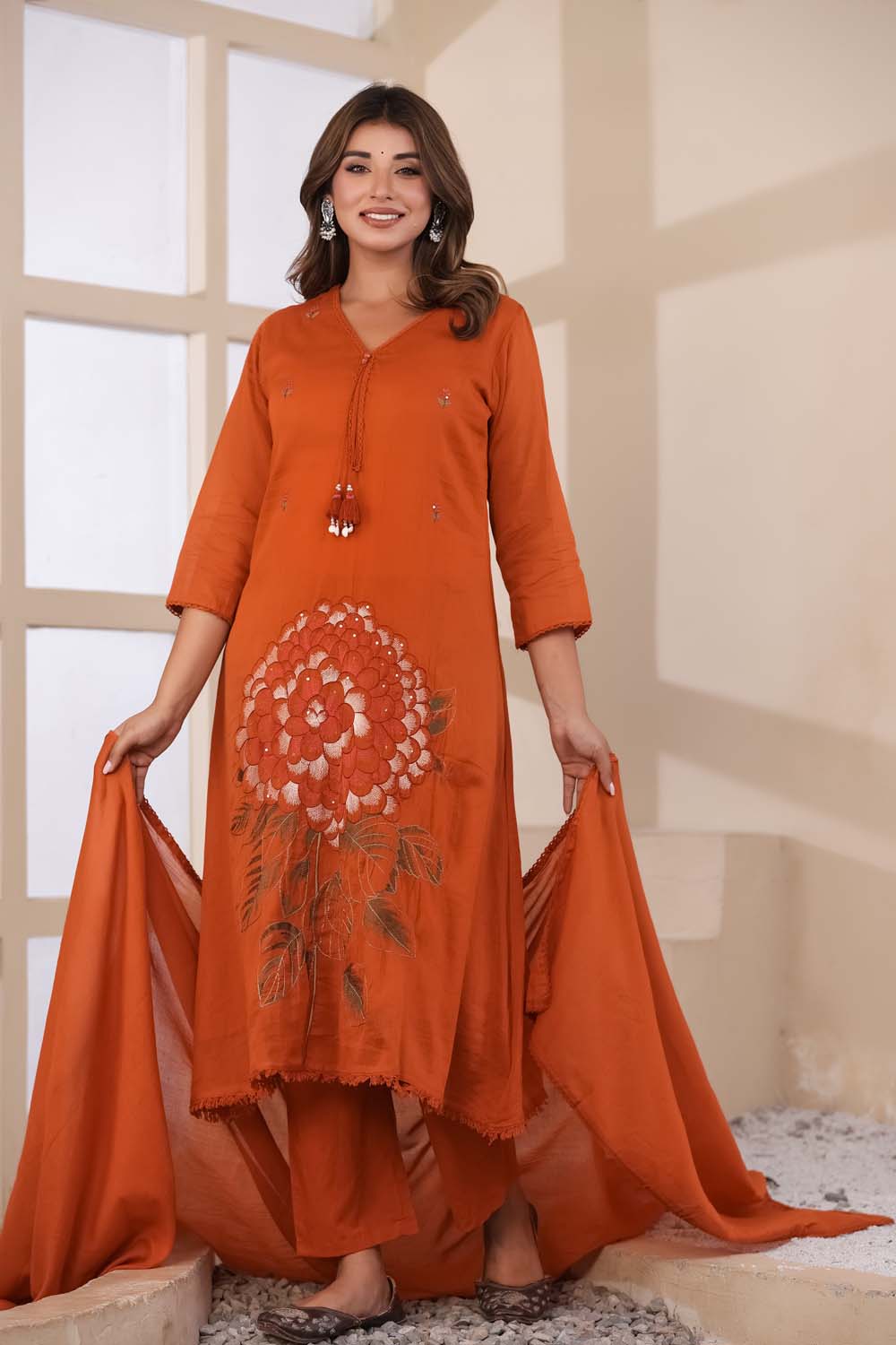 Rust Fabric Mall Cotton Kurti Plazo Dupatta 3Pcs Set