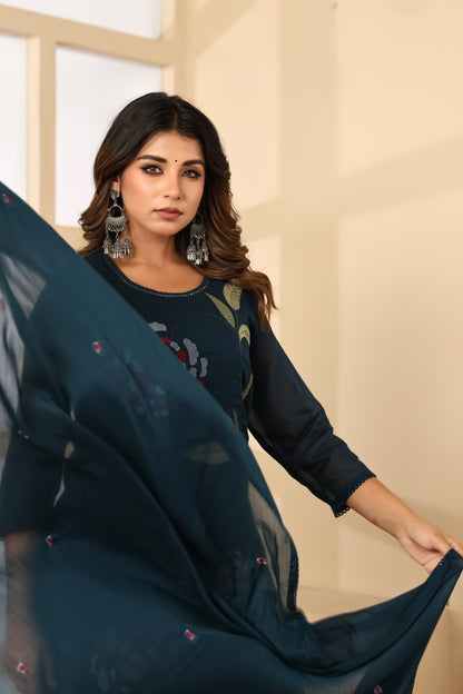 Till Blue Fabric Mall Cotton Kurti Pant Dupatta 3Pcs Set