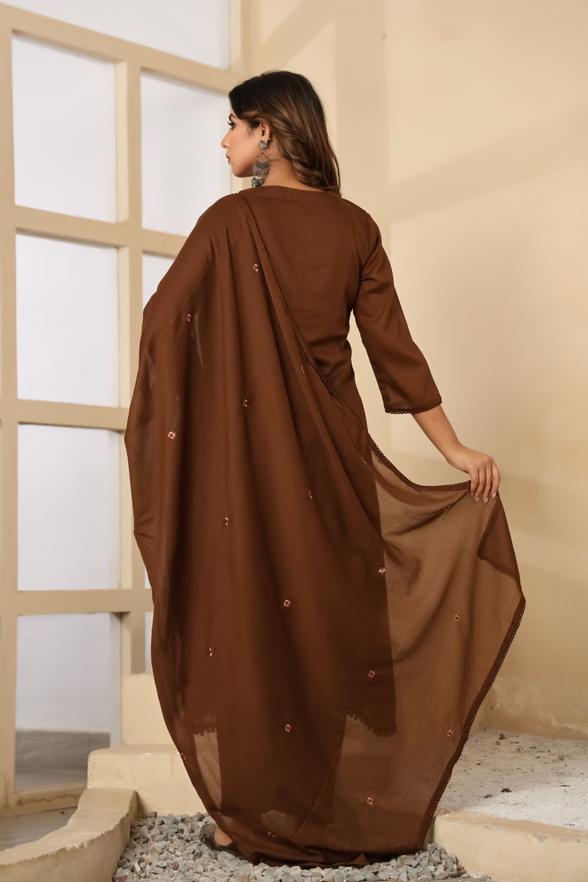 Brown Fabric Mall Cotton Kurti Pant Dupatta 3Pcs Set
