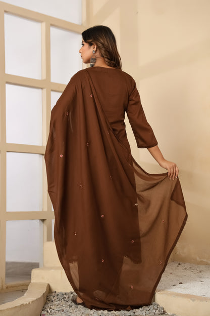 Brown Fabric Mall Cotton Kurti Pant Dupatta 3Pcs Set