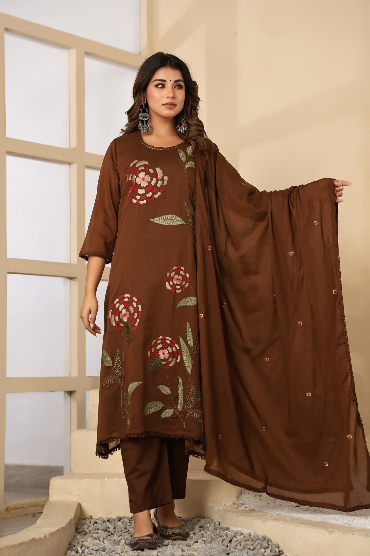 Brown Fabric Mall Cotton Kurti Pant Dupatta 3Pcs Set