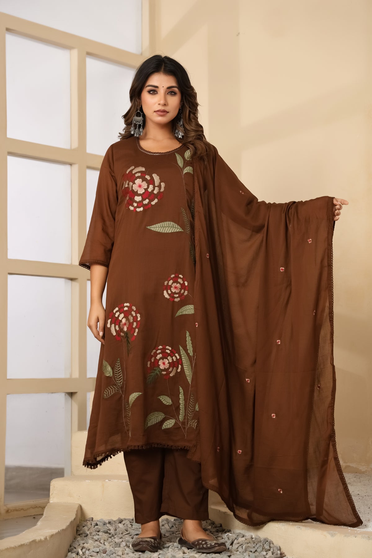 Brown Fabric Mall Cotton Kurti Pant Dupatta 3Pcs Set