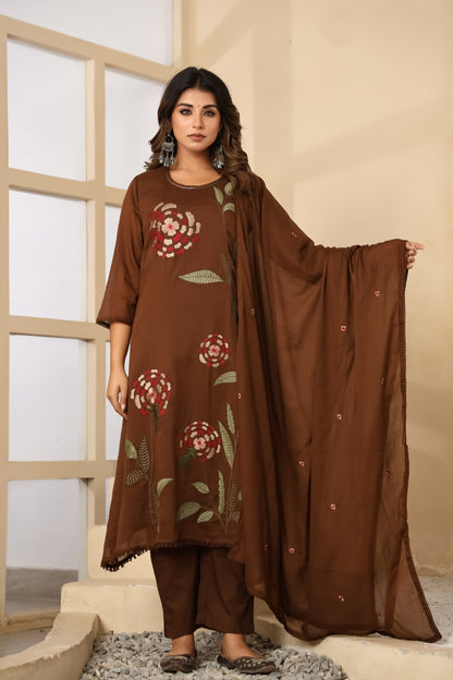 Brown Fabric Mall Cotton Kurti Pant Dupatta 3Pcs Set