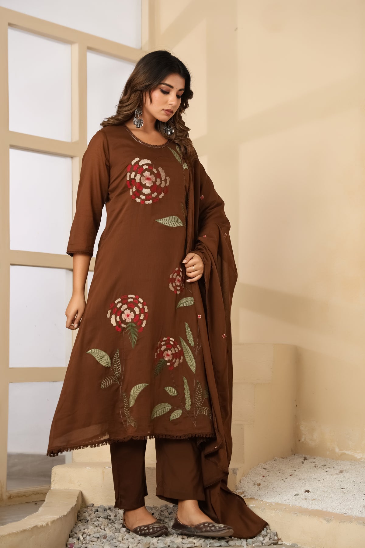 Brown Fabric Mall Cotton Kurti Pant Dupatta 3Pcs Set