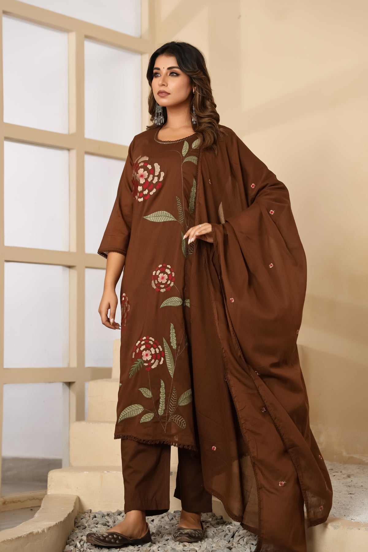 Brown Fabric Mall Cotton Kurti Pant Dupatta 3Pcs Set