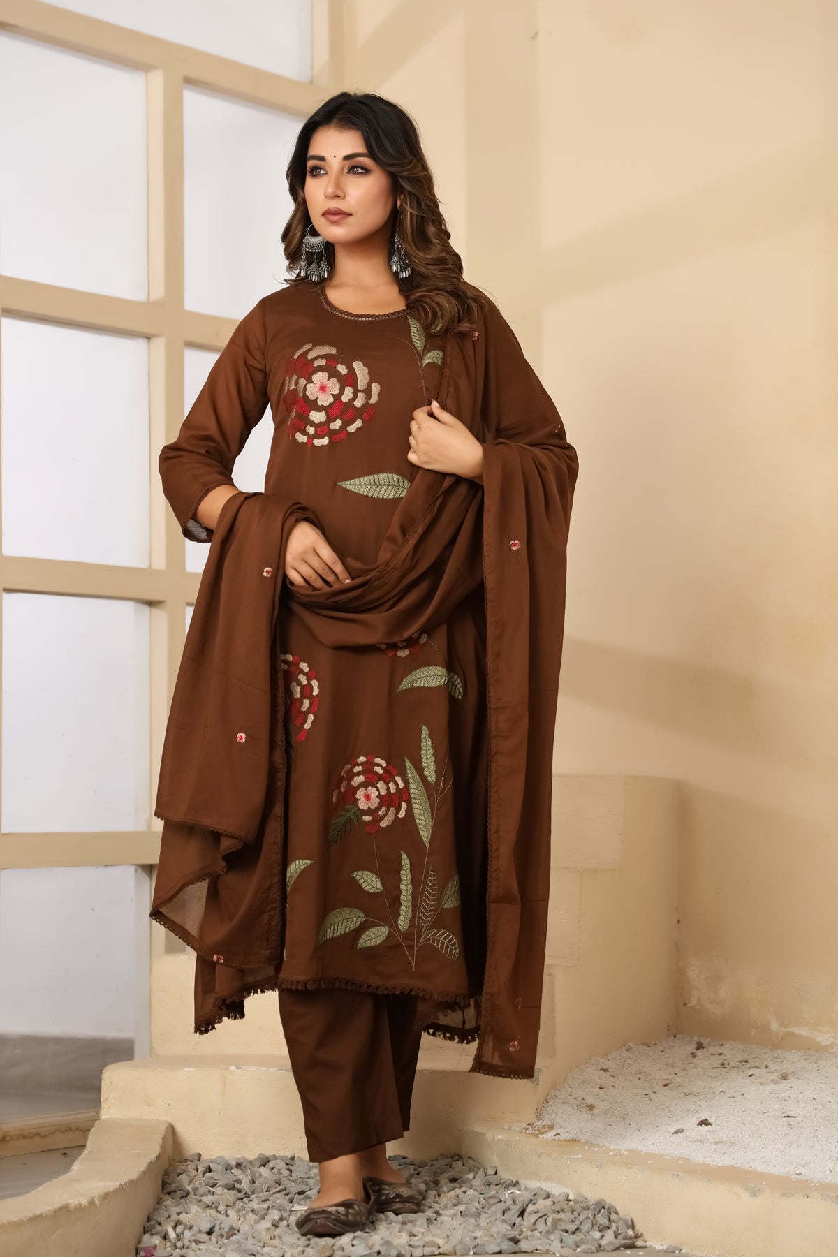 Brown Fabric Mall Cotton Kurti Pant Dupatta 3Pcs Set
