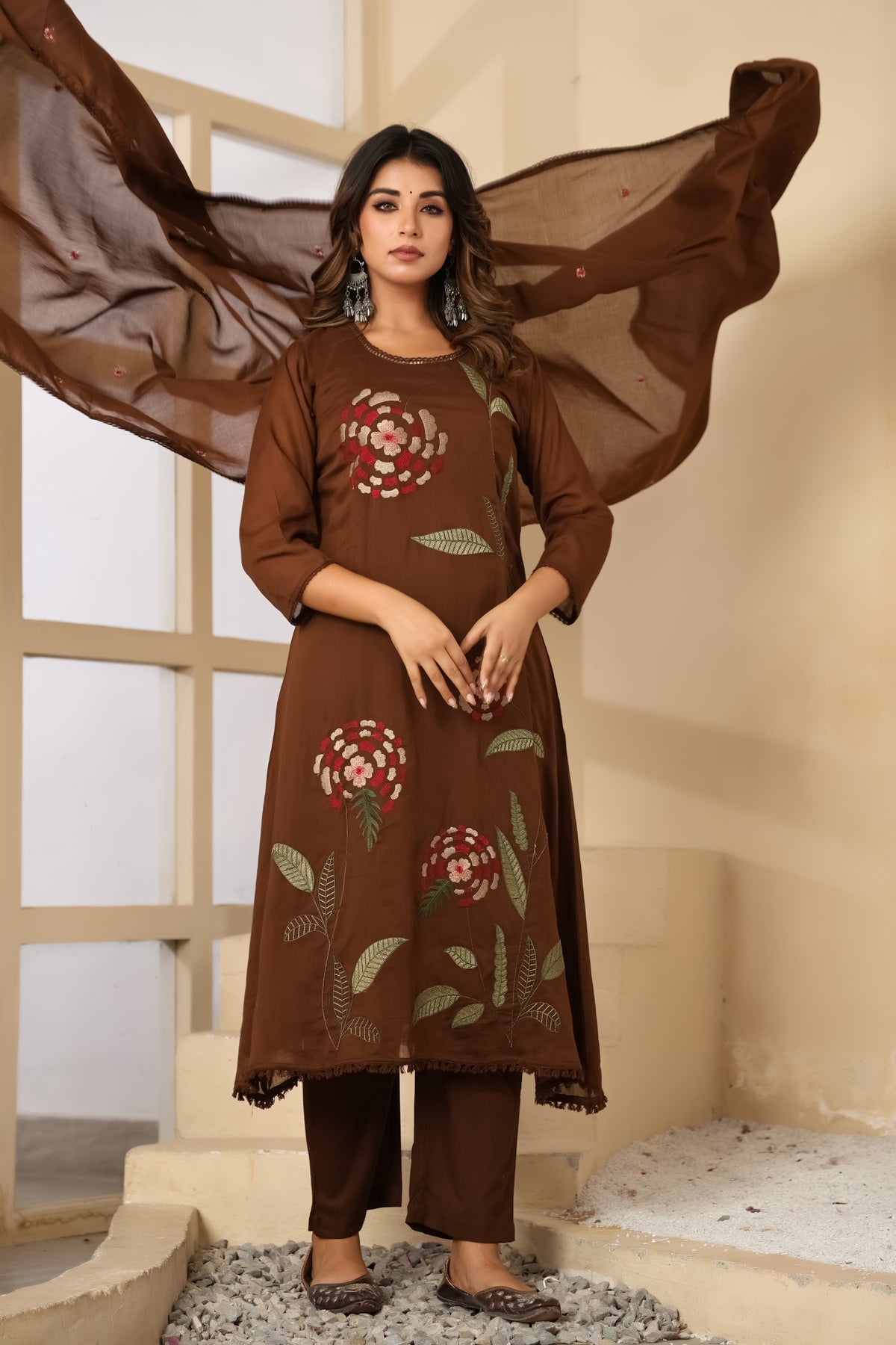 Brown Fabric Mall Cotton Kurti Pant Dupatta 3Pcs Set