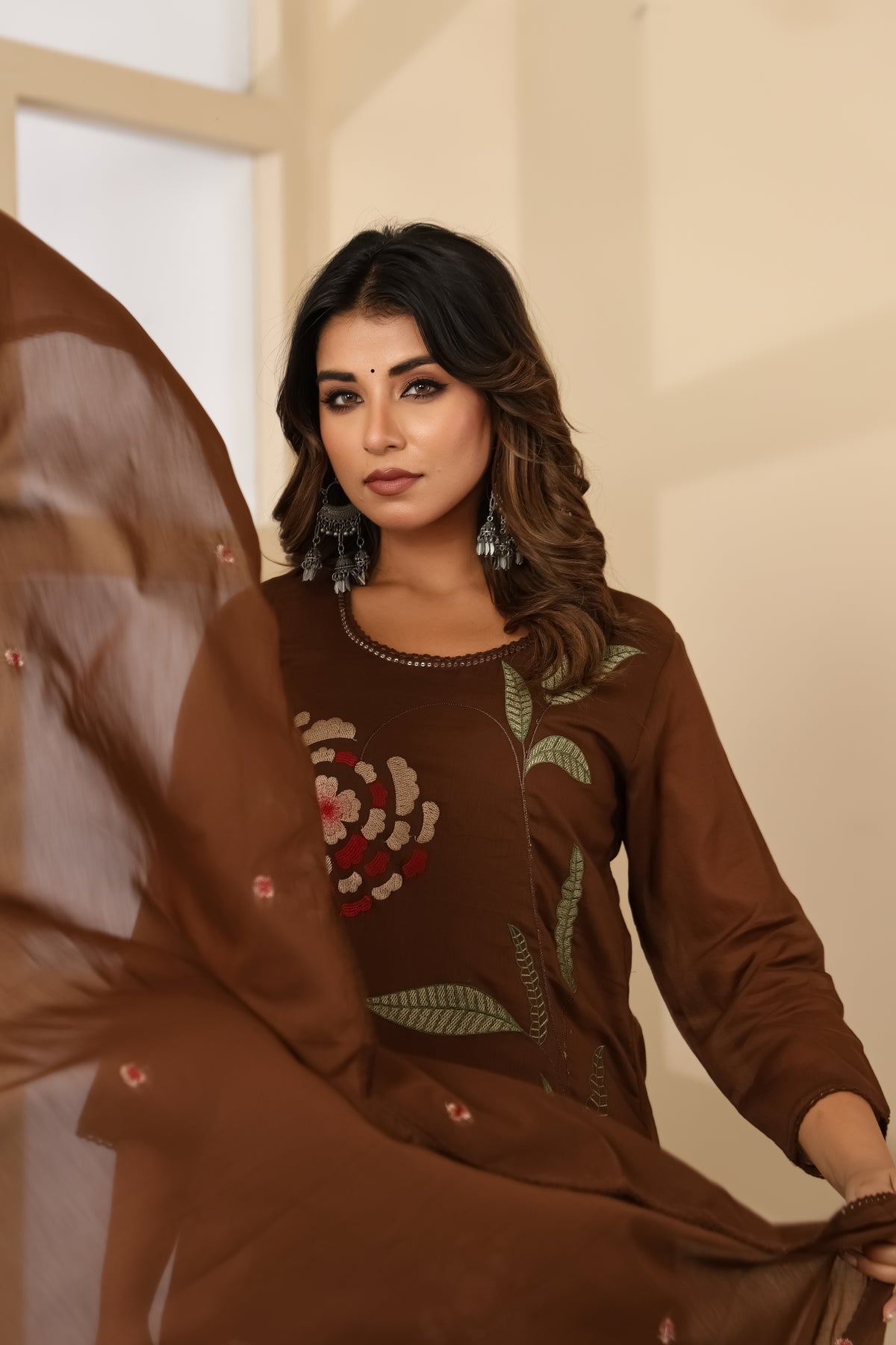 Brown Fabric Mall Cotton Kurti Pant Dupatta 3Pcs Set
