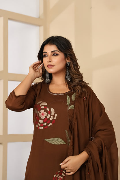 Brown Fabric Mall Cotton Kurti Pant Dupatta 3Pcs Set