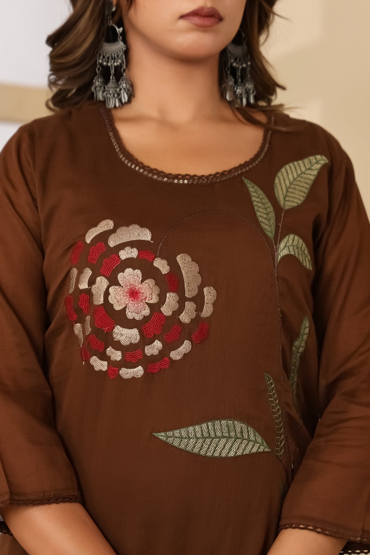 Brown Fabric Mall Cotton Kurti Pant Dupatta 3Pcs Set