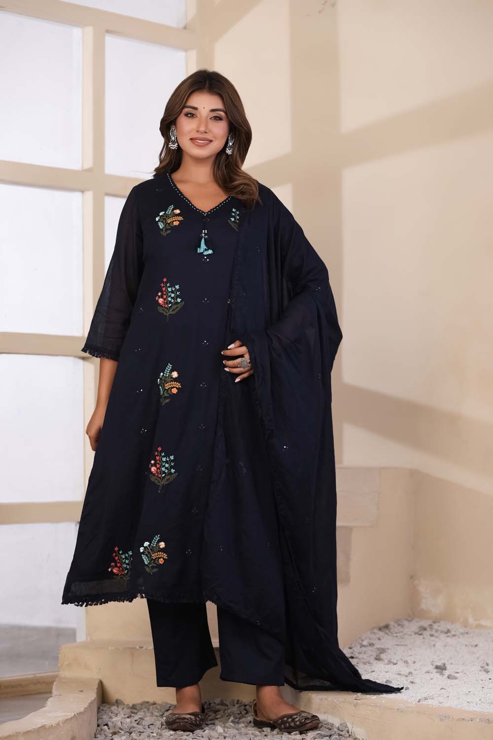 Navy Blue Fabric Mall Cotton Kurti Plazo Dupatta 3Pcs Set