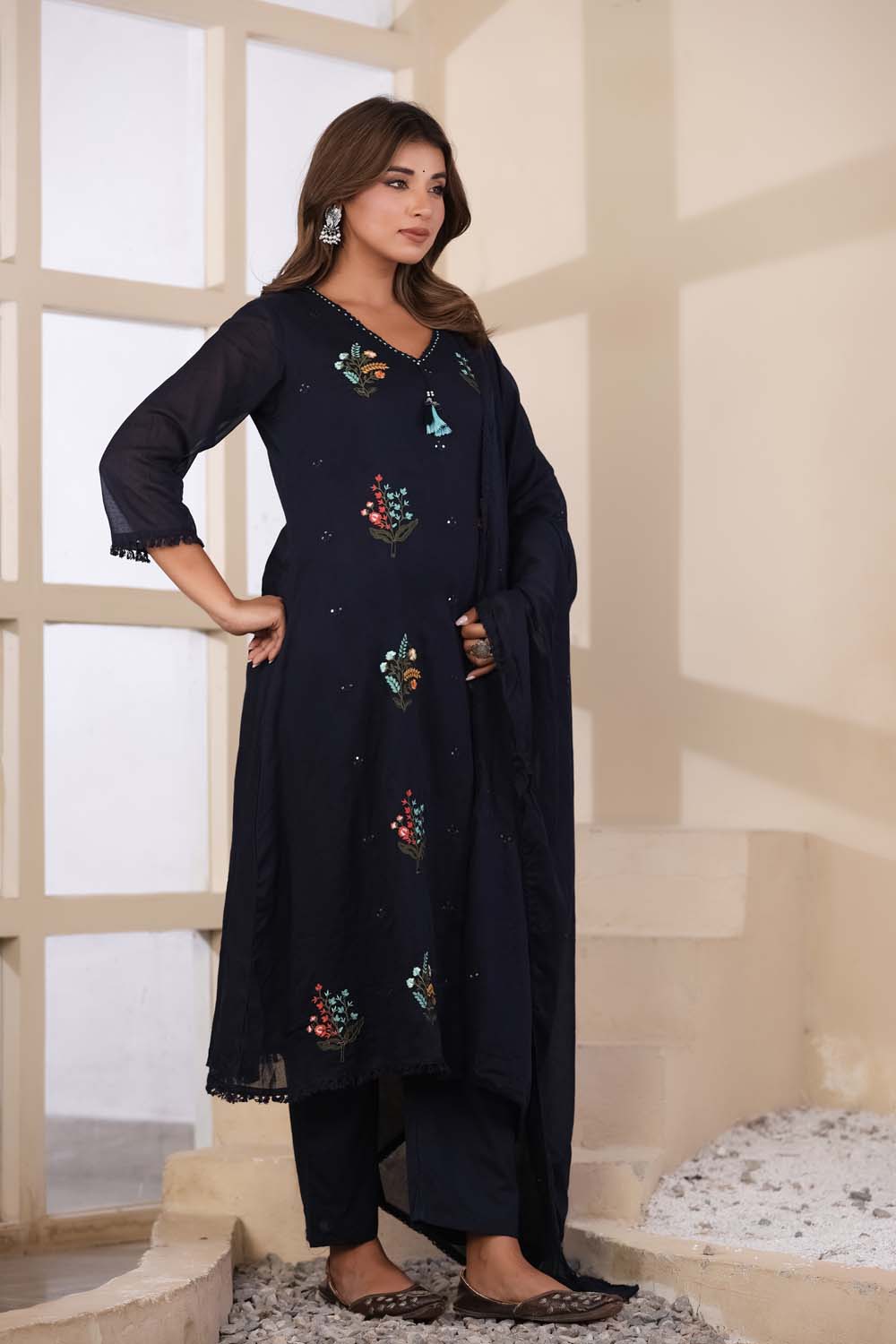 Navy Blue Fabric Mall Cotton Kurti Plazo Dupatta 3Pcs Set