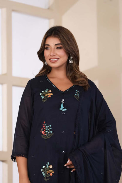 Navy Blue Fabric Mall Cotton Kurti Plazo Dupatta 3Pcs Set
