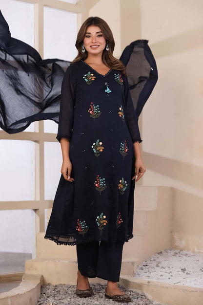 Navy Blue Fabric Mall Cotton Kurti Plazo Dupatta 3Pcs Set