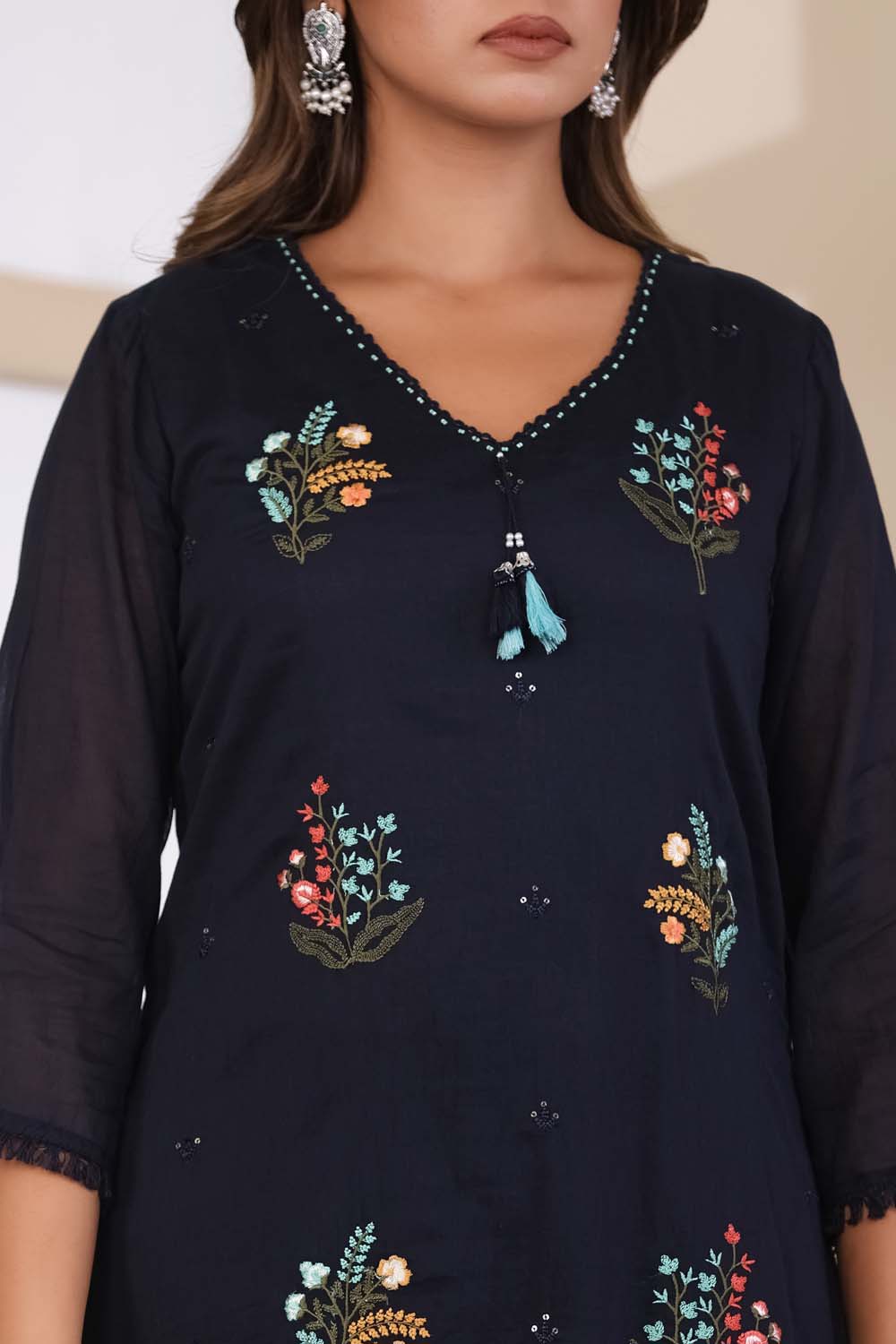 Navy Blue Fabric Mall Cotton Kurti Plazo Dupatta 3Pcs Set