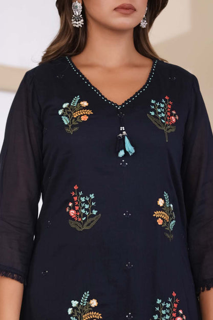 Navy Blue Fabric Mall Cotton Kurti Plazo Dupatta 3Pcs Set