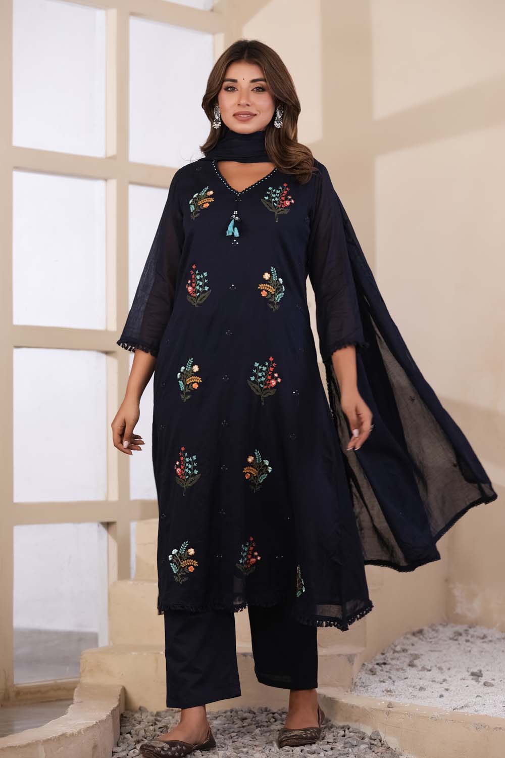Navy Blue Fabric Mall Cotton Kurti Plazo Dupatta 3Pcs Set