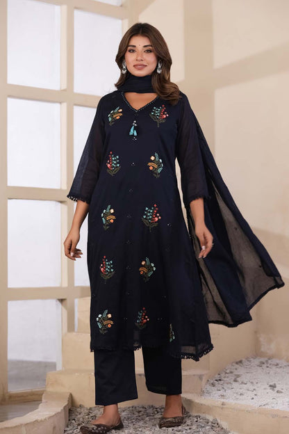 Navy Blue Fabric Mall Cotton Kurti Plazo Dupatta 3Pcs Set