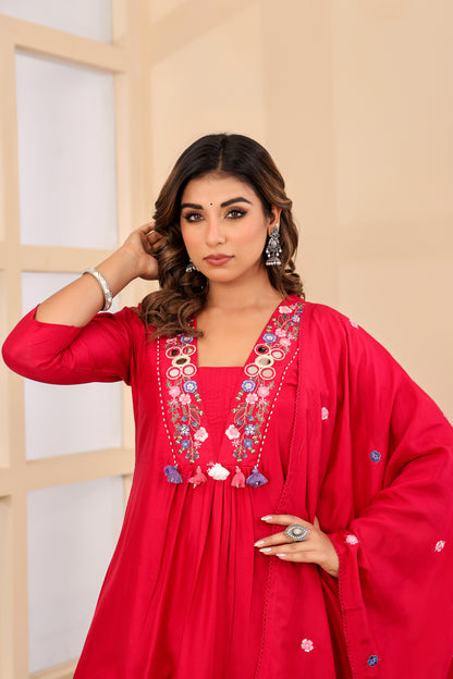 Rani Fabric Silk Kurti Pant Dupatta 3Pcs Set
