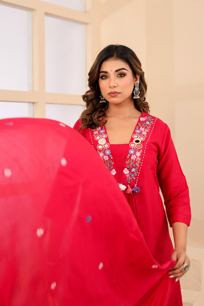 Rani Fabric Silk Kurti Pant Dupatta 3Pcs Set